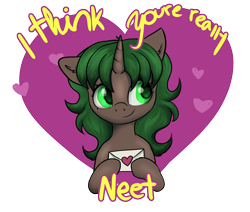 Size: 2600x2200 | Tagged: safe, artist:dumbwoofer, imported from derpibooru, oc, oc:pine shine, pony, unicorn, ear fluff, envelope, female, heart, heart background, holiday, looking sideways, mare, neet, simple background, smiling, solo, transparent background, valentine's day