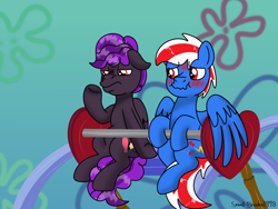 Size: 1306x981 | Tagged: safe, artist:lynnthenerdkitty, imported from derpibooru, pegasus, pony, blushing, crossover, ferris wheel, grimace, hearts and hooves day, holiday, prompt, skywarp, special, spongebob squarepants, sweat, thundercracker, transformers, unhappy, valentine's day