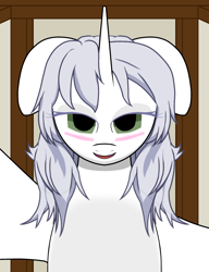 Size: 2000x2600 | Tagged: safe, imported from derpibooru, oc, oc:κασσάνδρα, alicorn, pony, alicorn oc, blushing, female, horn, looking at you, offscreen character, pov, solo, wings