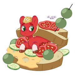 Size: 1029x1000 | Tagged: safe, artist:bomberchif, artist:malarkey, imported from derpibooru, sprout cloverleaf, earth pony, pony, base used, cheese, cucumber, cute, food, g5, male, olive, sandwich, simple background, solo, sproutbetes, stallion, tomato, transparent background