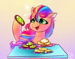 Size: 1368x1074 | Tagged: safe, artist:petaltwinkle, imported from derpibooru, sunny starscout, earth pony, pony, spoiler:g5, spoiler:my little pony: tell your tale, spoiler:tyts01e38, cookie, female, foal food, food, g5, gradient background, mane stripe sunny, mare, my little pony: tell your tale, open mouth, open smile, smiling, solo