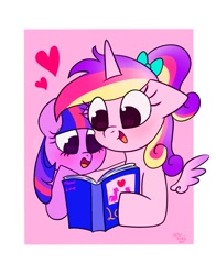 Size: 1074x1368 | Tagged: safe, artist:petaltwinkle, imported from derpibooru, princess cadance, twilight sparkle, alicorn, pony, unicorn, book, cute, cutedance, duo, duo female, female, filly, filly twilight sparkle, floating wings, heart, open mouth, open smile, passepartout, smiling, teen princess cadance, teenager, twiabetes, unicorn twilight, wings, younger