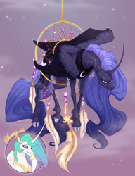Size: 2000x2600 | Tagged: safe, alternate version, artist:dementra369, imported from derpibooru, princess celestia, princess luna, alicorn, pony, adorable distress, alternate design, angry, annoyed, cloven hooves, colored, commission, commissioner:shaddar, curved horn, cute, dream walker luna, dreamcatcher, dreamcaught luna, feather, female, flowing mane, folded wings, funny, furrowed brow, horn, hybrid wings, luna is not amused, lunabetes, mare, missing accessory, peytral, stuck, unamused, unshorn fetlocks, wings