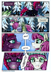 Size: 2480x3508 | Tagged: safe, artist:dsana, imported from derpibooru, fizzlepop berrytwist, tempest shadow, oc, oc:thistledown, earth pony, pony, unicorn, comic:a storm's lullaby, broken horn, female, horn, mare, oh crap, oh no, scar