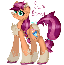 Size: 1191x1217 | Tagged: safe, artist:4agonism, derpibooru exclusive, imported from derpibooru, sunny starscout, earth pony, pony, alternate cutie mark, alternate design, alternate hairstyle, braid, cheek fluff, chest fluff, coat markings, ear fluff, female, freckles, g5, mare, multicolored hair, ponytail, redesign, simple background, smiling, socks (coat markings), solo, unshorn fetlocks, white background