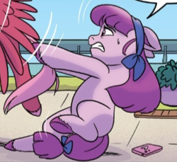 Size: 401x367 | Tagged: safe, idw, imported from derpibooru, earth pony, pegasus, pony, spoiler:comic, spoiler:g5, spoiler:g5comic, spoiler:g5comic01, cellphone, cropped, female, fuchsia orchard, g5, male, marasca, mare, my little pony: a new generation, official, official comic, phone, smartphone, stallion