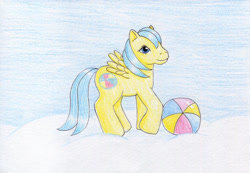 Size: 1024x709 | Tagged: safe, artist:normaleeinsane, imported from derpibooru, baby bouncy, pegasus, beach ball, foal, g1, simple background, white background