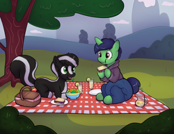 Size: 4000x3087 | Tagged: safe, artist:zombineko, imported from derpibooru, oc, oc only, oc:swift brush, oc:zenawa skunkpony, hybrid, skunk, skunk pony, unicorn, basket, best friends, chewing, clothes, colt, denim, diaper, diaper butt, diaper under clothes, drinking glass, duo, duo male, eating, foal, food, high res, hoodie, hoof hold, horn, hybrid oc, incontinent, juice, lemonade, looking at each other, looking at someone, lying down, male, outdoors, pants, peanut butter and jelly, picnic, picnic basket, picnic blanket, pitcher, prone, raised tail, salad, sandwich, sitting, smiling, smiling at each other, tail, talking, tree, unicorn oc