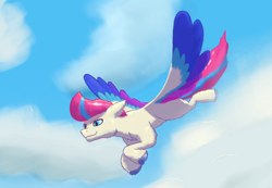 Size: 944x652 | Tagged: safe, artist:gosha305, imported from derpibooru, zipp storm, pegasus, pony, cloud, confident, day, female, flying, g5, gliding, grin, sky, sky background, smiling, solo, wings