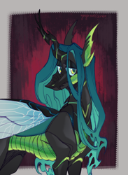 Size: 1900x2600 | Tagged: safe, artist:yuyusunshine, imported from derpibooru, queen chrysalis, changeling, abstract background, concave belly, lidded eyes, slim, solo, thin