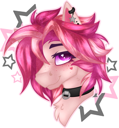 Size: 1383x1484 | Tagged: safe, artist:sketchybarks, imported from derpibooru, oc, oc only, oc:wishing star, pony, bust, chest fluff, choker, collar, ear piercing, femboy, hair over one eye, male, messy mane, piercing, pink hair, portrait, simple background, transparent background