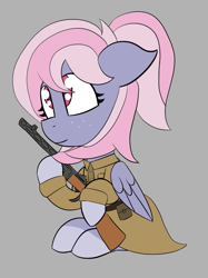 Size: 941x1255 | Tagged: safe, artist:sapphireponipone, imported from derpibooru, oc, oc:strawberry pristine, pegasus, equestria at war mod, clothes, female, freckles, gun, mare, ppsh-41, simple background, sitting, soviet, stalliongrad, uniform, weapon