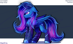 Size: 3300x2000 | Tagged: safe, artist:adagiostring, imported from derpibooru, oc, oc only, alicorn, pony, fallout equestria, amputee, character design, commission, concept art, cute, glowing mane, magic, magic aura, moon, offspring, parent:princess luna, prosthetic leg, prosthetic limb, prosthetics, reference sheet, simple background, sketch, standing