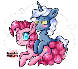 Size: 2117x1887 | Tagged: safe, artist:loverashley, imported from derpibooru, pinkie pie, pokey pierce, earth pony, pony, unicorn, blushing, female, looking at someone, lying down, male, mare, one eye closed, pokeypie, prone, shipping, simple background, stallion, straight, transparent background, wink
