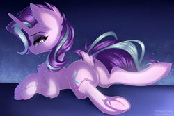 Size: 1280x854 | Tagged: safe, artist:natanvok, imported from derpibooru, starlight glimmer, pony, unicorn, butt, dock, featureless crotch, female, glimmer glutes, horn, lying down, mare, plot, prone, solo, tail