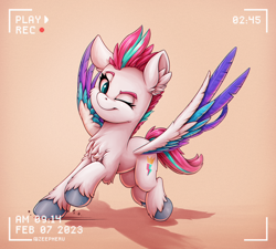 Size: 1760x1581 | Tagged: safe, artist:zeepheru_pone, imported from derpibooru, zipp storm, pegasus, pony, action pose, adorazipp, camera shot, chest fluff, colored hooves, colored wings, cute, ear fluff, eyebrows, female, full body, g5, gradient background, looking at you, mare, multicolored wings, one eye closed, recording, shadow, signature, smiling, smiling at you, solo, spread wings, three quarter view, timestamp, unshorn fetlocks, wings, wink, winking at you
