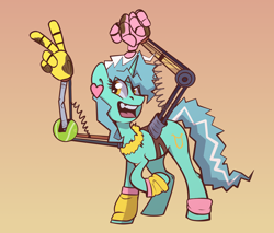 Size: 2700x2300 | Tagged: safe, artist:yarugreat, imported from derpibooru, lyra heartstrings, pony, unicorn, alternate hairstyle, gradient background, robotic arm, smiling, solo, spring, standing, teenager