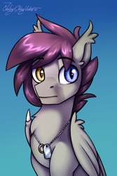 Size: 2000x3000 | Tagged: safe, artist:jedayskayvoker, imported from derpibooru, oc, oc only, oc:gem breaker, bat pony, hybrid, pegasus, pony, bust, chest fluff, cute, ear fluff, eyebrows, gradient background, headshot commission, heterochromia, high res, hybrid oc, hybrid wings, icon, jewelry, looking at you, male, portrait, ring, slit pupils, solo, stallion, wings