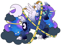 Size: 6329x4630 | Tagged: safe, artist:cutepencilcase, imported from derpibooru, princess luna, alicorn, pony, angel, be not afraid, biblically accurate angels, body freckles, body markings, chest fluff, cloud, colored hooves, colored wings, ethereal hair, ethereal mane, ethereal tail, female, floating horn, freckles, gradient legs, gradient wings, halo, hoof polish, horn, jewelry, leg fluff, mare, moon, multiple eyes, multiple horns, multiple wings, ring, shoulder freckles, simple background, solo, starry hair, starry mane, starry tail, tail, tail ring, transparent background, wing ears, winged hooves, wings