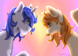 Size: 2946x2120 | Tagged: safe, artist:twivela, imported from derpibooru, oc, oc only, pegasus, pony, unicorn, blushing, couple, duo, female, looking at each other, looking at someone, love, male, mare, smiling, straight, sunset, wings
