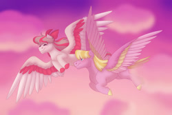 Size: 1280x854 | Tagged: safe, artist:itstechtock, imported from derpibooru, angel wings, meadow flower, pony, colored wings, flying, multicolored wings, wings