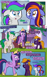 Size: 1920x3168 | Tagged: safe, artist:alexdti, imported from derpibooru, twilight sparkle, oc, oc:bright comet, oc:purple creativity, oc:star logic, oc:violet moonlight, alicorn, pegasus, pony, unicorn, comic:quest for friendship, the last problem, bracelet, brother and sister, butt, colt, comic, crown, dialogue, ears back, eyes closed, female, filly, foal, folded wings, glasses, height difference, high res, hoof shoes, hooves, horn, husband and wife, jewelry, looking at someone, male, mare, missing accessory, mother and child, mother and daughter, mother and son, narrowed eyes, older, older twilight, open mouth, open smile, pegasus oc, physique difference, plot, princess twilight 2.0, raised hoof, regalia, shadow, siblings, smiling, speech bubble, staircase, stairs, stallion, standing, tail, twilight sparkle (alicorn), twins, two toned mane, two toned tail, underhoof, unicorn oc, wall of tags, wings