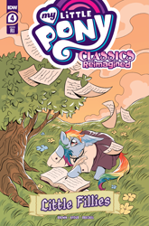 Size: 2063x3131 | Tagged: safe, idw, imported from derpibooru, rainbow dash, pegasus, pony, spoiler:comic, book, clothes, cloud, comic cover, dress, flower, grass, grass field, little women, my little pony classics reimagined: little fillies, official, official comic, outdoors, page, sunset, tree