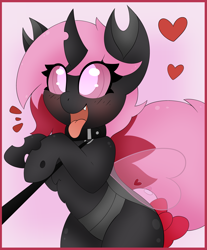 Size: 2489x3000 | Tagged: safe, artist:pegamutt, imported from derpibooru, oc, oc:heartstring fiddler, changeling, behaving like a dog, bow, changeling oc, collar, commission, excited, heart, heart wings, leash, panting, pet play, pink changeling, tail, tail bow, ych result