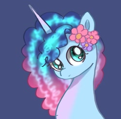 Size: 1531x1507 | Tagged: safe, artist:jaanhavi, imported from derpibooru, pony, unicorn, blue background, bust, female, flower, flower in hair, g5, head tilt, looking at you, misty brightdawn, simple background, solo, three quarter view