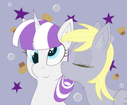 Size: 2568x2128 | Tagged: safe, artist:modera, imported from derpibooru, derpy hooves, twilight velvet, pegasus, pony, unicorn, cheek kiss, derp, duo, duo female, ear fluff, female, food, kissing, mare, muffin, stars