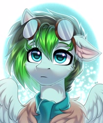 Size: 2050x2435 | Tagged: safe, artist:hakaina, imported from derpibooru, oc, oc only, oc:gryph xander, pegasus, pony, abstract background, aviator goggles, bomber jacket, bust, cheek fluff, clothes, colored, cute, ear fluff, eyebrows, floppy ears, frown, goggles, goggles on head, green mane, high res, jacket, looking at you, looking up, looking up at you, male, ocbetes, one ear down, partially open wings, pegasus oc, scarf, shading, shiny eyes, signature, solo, sparkly eyes, stallion, turquoise eyes, wingding eyes, wings