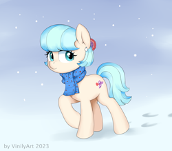 Size: 1436x1256 | Tagged: safe, artist:vinilyart, imported from derpibooru, coco pommel, earth pony, pony, clothes, cocobetes, cute, female, hoofprints, looking at you, mare, scarf, smiling, smiling at you, snow, snowfall, solo, walking