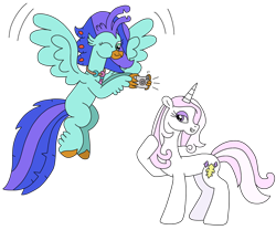 Size: 2612x2168 | Tagged: safe, artist:supahdonarudo, imported from derpibooru, fleur-de-lis, oc, oc:sea lilly, classical hippogriff, hippogriff, pony, unicorn, camera, flying, holding, jewelry, necklace, one eye closed, posing for photo, redraw, simple background, taking a photo, transparent background