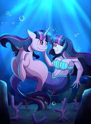 Size: 2200x3000 | Tagged: safe, artist:littletigressda, imported from derpibooru, sci-twi, twilight sparkle, alicorn, human, mermaid, pony, seapony (g4), equestria girls, belly, belly button, bra, breasts, bubble, caress, cleavage, collarbone, colored, commission, coral, crepuscular rays, depth of field, digital art, dorsal fin, duality, female, fish tail, flowing mane, flowing tail, happy, high res, horn, human ponidox, lighting, looking at each other, looking at someone, mare, mermaid lovers, mermaid tail, mermaidized, ocean, purple eyes, rock, seaponified, seapony twilight, seashell bra, self paradox, self ponidox, shading, smiling, smiling at each other, solo, species swap, sunlight, swimming, tail, twilight sparkle (alicorn), twolight, underwater, water, wings