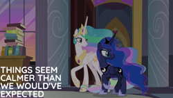 Size: 1920x1080 | Tagged: safe, edit, edited screencap, editor:quoterific, imported from derpibooru, screencap, princess celestia, princess luna, alicorn, pony, the summer sun setback, book, crown, duo, duo female, ethereal mane, ethereal tail, female, frown, hoof shoes, jewelry, mare, open mouth, peytral, raised hoof, regalia, royal sisters, siblings, sisters, sparkles, standing, tail