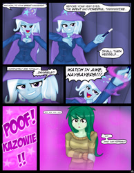 Size: 1600x2061 | Tagged: safe, artist:lennondash, imported from derpibooru, trixie, wallflower blush, human, equestria girls, ..., breasts, busty trixie, cape, character to character, cleavage, clothes, comic, dialogue, fall formal outfits, female, hat, invisible, magic show, magic trick, magic wand, poof, pun, speech bubble, sweater, transformation, trixie's cape, trixie's hat, visual pun