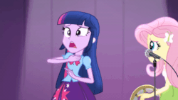 Size: 520x293 | Tagged: safe, imported from derpibooru, screencap, fluttershy, twilight sparkle, human, equestria girls, rainbow rocks, animated, blinking, butterfly hairpin, choking, concerned, duo, duo female, eyebrows, eyeshadow, female, frown, gif, hitting, looking at each other, looking at someone, makeup, microphone, musical instrument, open mouth, smiling, tambourine, teeth