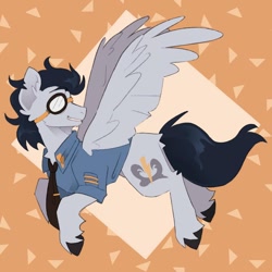 Size: 1080x1080 | Tagged: safe, artist:loaf, imported from derpibooru, soarin', pegasus, pony, abstract background, clothes, flying, goggles, male, necktie, solo, spread wings, stallion, wings