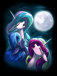 Size: 1200x1600 | Tagged: safe, artist:rocket-lawnchair, imported from derpibooru, princess cadance, princess celestia, princess luna, alicorn, pony, alicorn triarchy, behaving like a wolf, ears back, eyes closed, female, full moon, howling, mare, meme, moon, night, nose in the air, open mouth, ponified meme, three wolf moon, trio