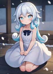 Size: 2227x3062 | Tagged: safe, imported from derpibooru, oc, oc:snowdrop, human, ai content, ai generated, blind, blushing, clothes, dress, eyebrows, eyebrows visible through hair, generator:stable diffusion, humanized, humanized oc, kneeling, looking at you, no pupils, snow, snowfall, solo
