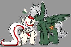 Size: 3000x2000 | Tagged: safe, artist:aryn, imported from derpibooru, oc, oc only, oc:awya lightfeather, oc:summer breeze, pegasus, pony, chest fluff, gray background, long tail, looking at each other, looking at someone, nuzzling, pegasus oc, simple background, size difference, smiling, smiling at each other, tail