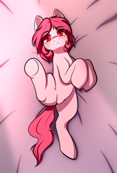 Size: 2525x3735 | Tagged: safe, artist:alexsc112, imported from derpibooru, oc, oc only, oc:magenstar, earth pony, pony, bed, featureless crotch, female, lying down, mare, on back, on bed, solo, spread legs, spreading