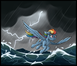 Size: 3608x3086 | Tagged: safe, artist:yognaughtsteve, imported from derpibooru, rainbow dash, pegasus, pony, cloud, cloudy, flying, lightning, rain, solo, storm, water