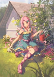 Size: 3508x4961 | Tagged: safe, artist:jingyou00647, imported from derpibooru, fluttershy, human, rabbit, animal, detailed background, flower, fluttershy boho dress, garden, house, humanized, light skin, solo, watering can