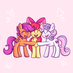 Size: 944x944 | Tagged: safe, artist:memethyst-art, imported from derpibooru, apple bloom, scootaloo, sweetie belle, earth pony, pegasus, pony, unicorn, apple bloom's bow, bow, cutie mark crusaders, eyes closed, februpony, female, filly, foal, hair bow, heart, hoofbump, horn, open mouth, open smile, simple background, smiling, spread wings, the cmc's cutie marks, wings
