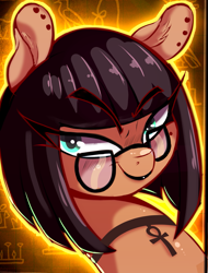 Size: 1461x1926 | Tagged: safe, artist:to_fat_to_fly, oc, oc only, oc:cleo, earth pony, pony, ankh, bob cut, bust, choker, ear piercing, female, glasses, lipstick, looking at you, mare, piercing, portrait, solo