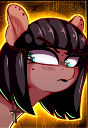 Size: 1311x1907 | Tagged: safe, artist:to_fat_to_fly, oc, oc only, oc:cleo, earth pony, pony, ankh, bob cut, bust, choker, ear fluff, ear piercing, female, lipstick, mare, piercing, portrait, solo