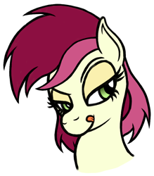 Size: 700x800 | Tagged: safe, artist:roseluck, derpibooru exclusive, imported from derpibooru, roseluck, earth pony, pony, alternate hairstyle, bedroom eyes, bust, eyebrows, female, licking, licking lips, looking at you, mare, portrait, raised eyebrow, short hair, simple background, smiling, smiling at you, solo, three quarter view, tongue out, white background