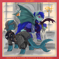 Size: 3825x3825 | Tagged: safe, alternate version, artist:alts-art, imported from twibooru, oc, oc only, oc:hemlock boughs, oc:seafoam, oc:soap bubble, bat pony, breezie, original species, pony, shark, shark pony, armor, female, image, male, mare, png, reverse trap