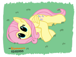 Size: 830x622 | Tagged: safe, artist:bloonacorn, fluttershy, pegasus, cute, ear fluff, female, grass, lying down, mare, requested art, shyabetes, signature, smiling, solo, text